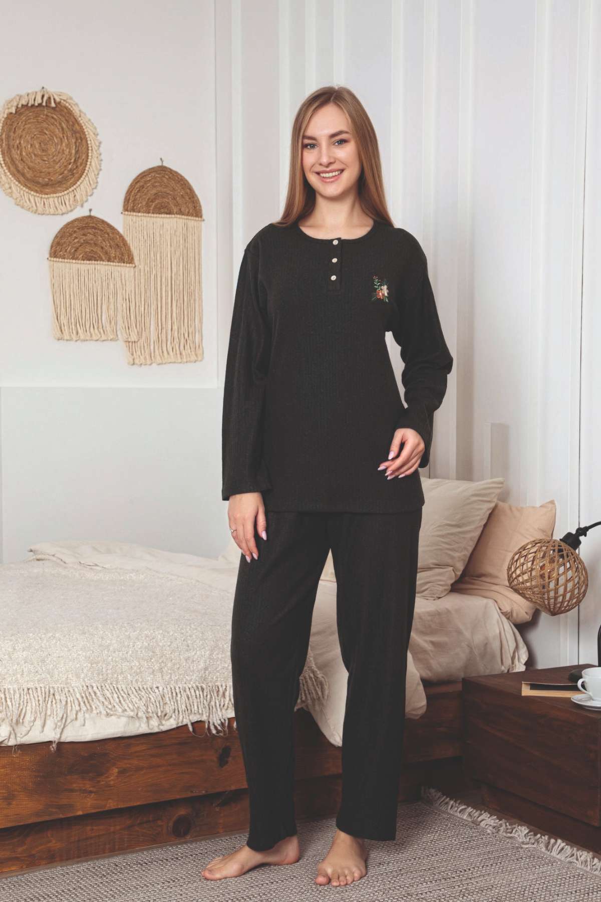 Çizgili Desenli Kadın Pijama Takımı - Haki Nakışlı Detaylı Kışlık Penye 034UK