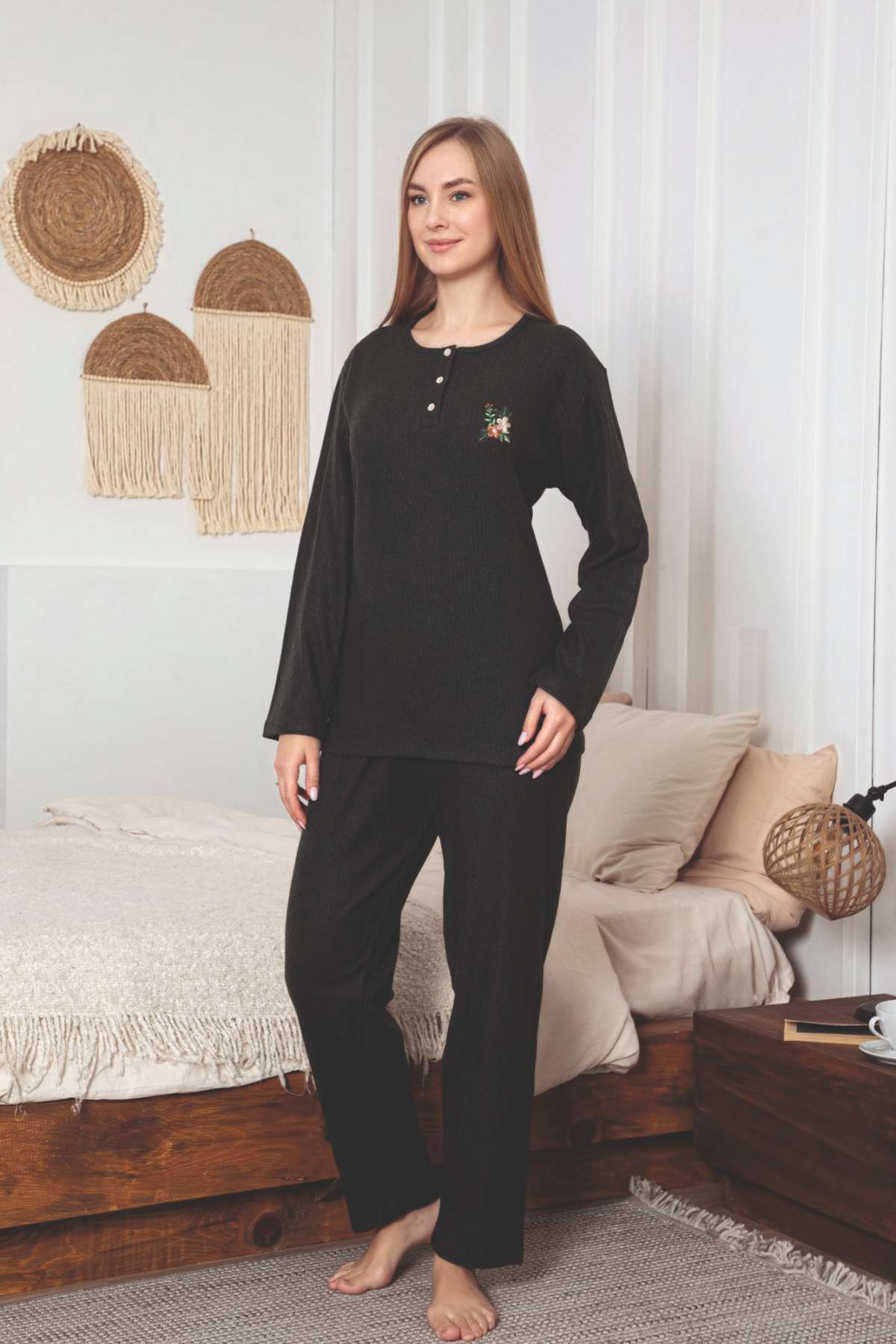 Çizgili Desenli Kadın Pijama Takımı - Haki Nakışlı Detaylı Kışlık Penye 034UK