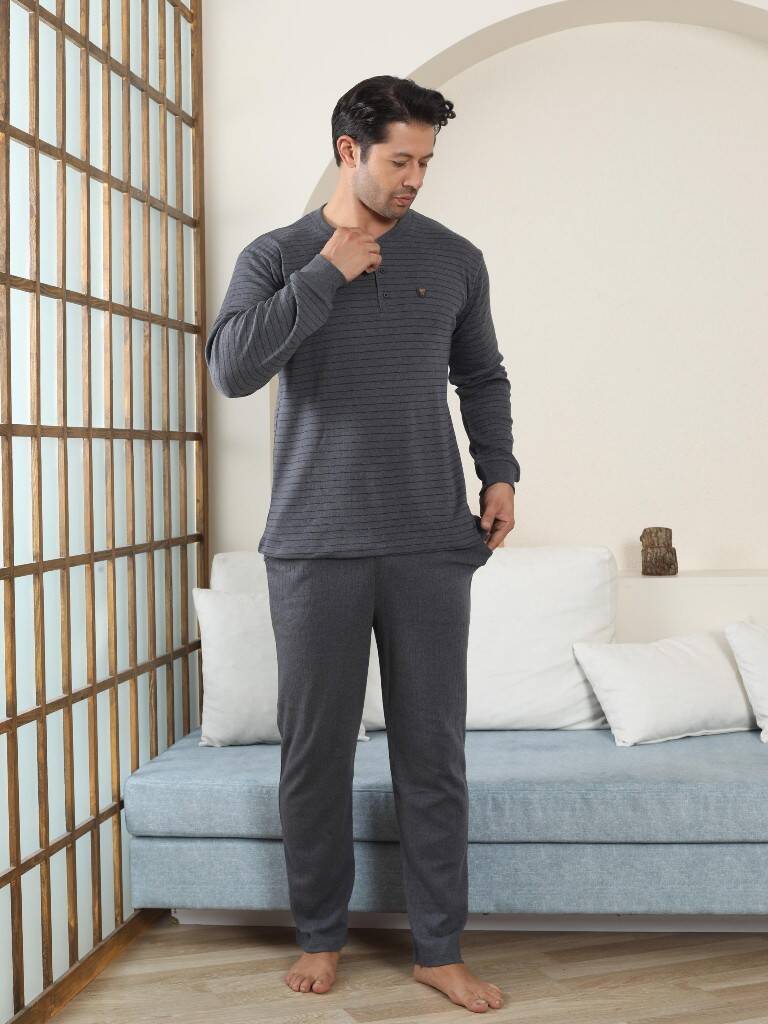 Erkek Pijama Takımı - Antrasit Çizgili Kışlık İnterlok 1221UK