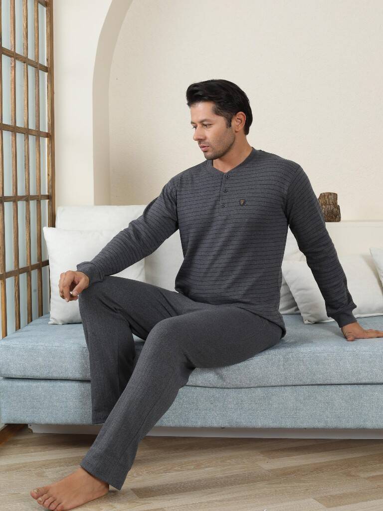 Erkek Pijama Takımı - Antrasit Çizgili Kışlık İnterlok 1221UK