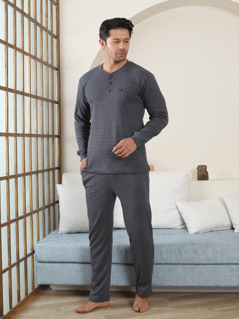 Erkek Pijama Takımı - Antrasit Çizgili Kışlık İnterlok 1221UK