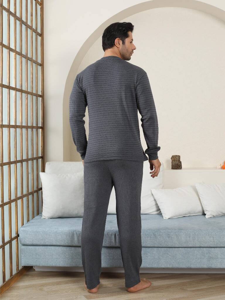 Erkek Pijama Takımı - Antrasit Çizgili Kışlık İnterlok 1221UK