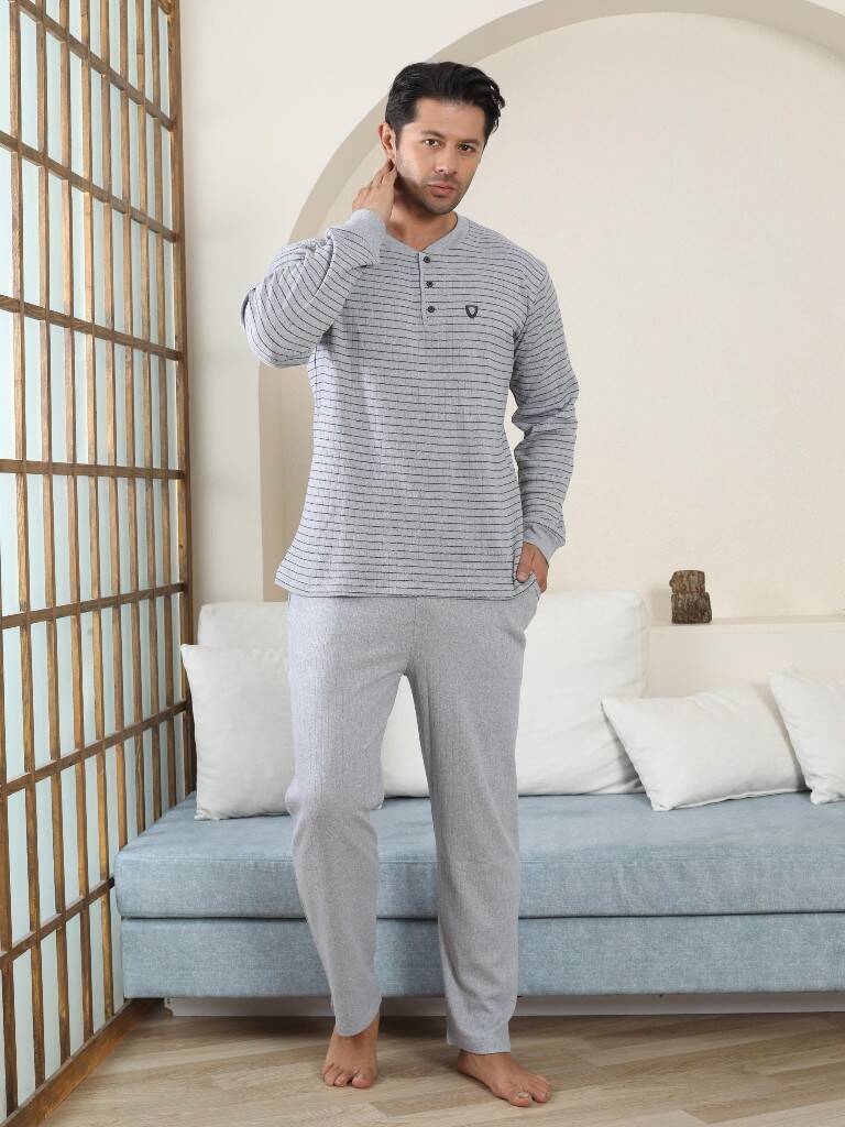 Erkek Pijama Takımı - Gri Çizgili Kışlık İnterlok 1221UK