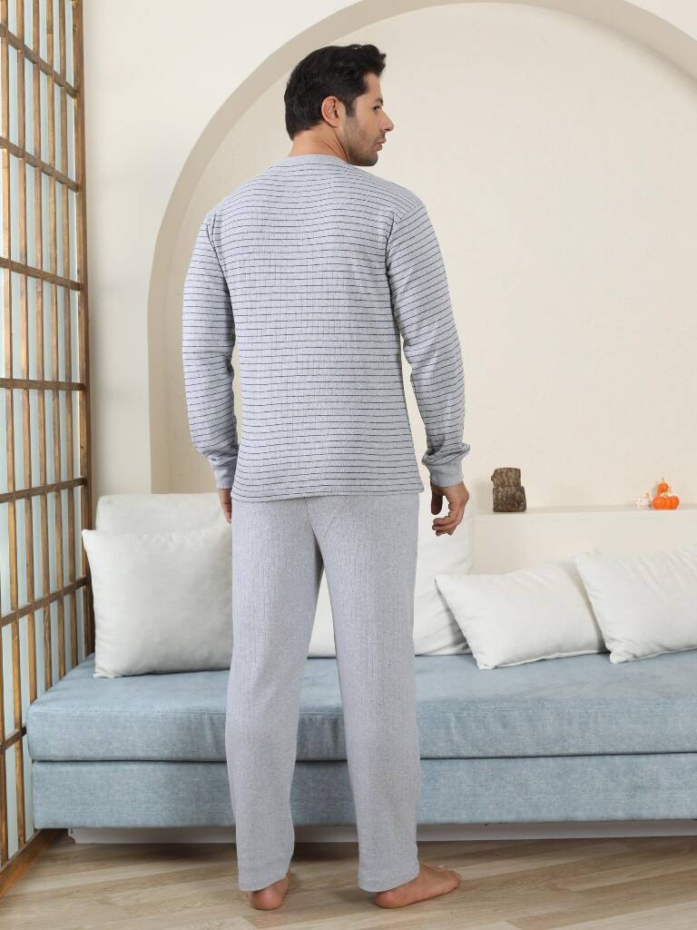 Erkek Pijama Takımı - Gri Çizgili Kışlık İnterlok 1221UK