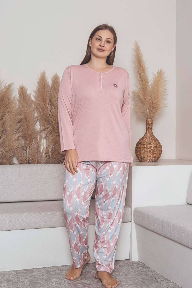 Büyük Beden Bayan Pijama Takımı - Pembe Çiçek Desen Uzun Kol Likralı Viskon 2859UYB