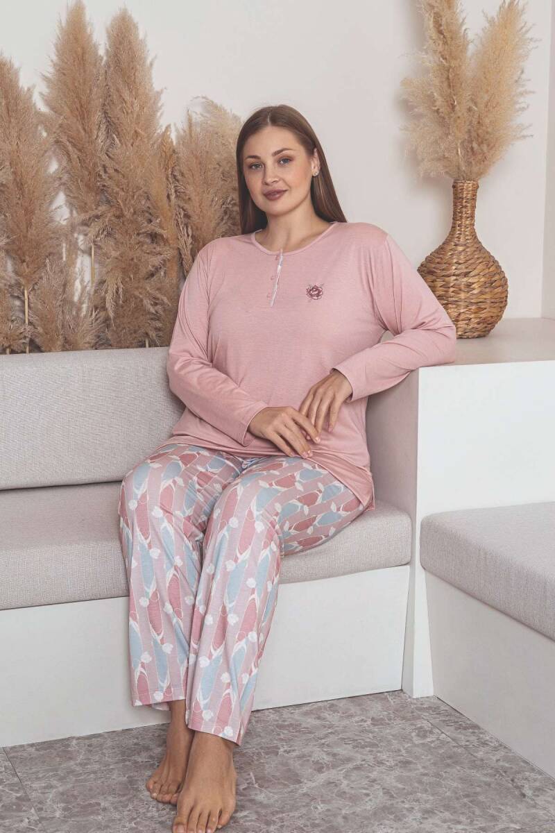 Büyük Beden Bayan Pijama Takımı - Pembe Çiçek Desen Uzun Kol Likralı Viskon 2859UYB