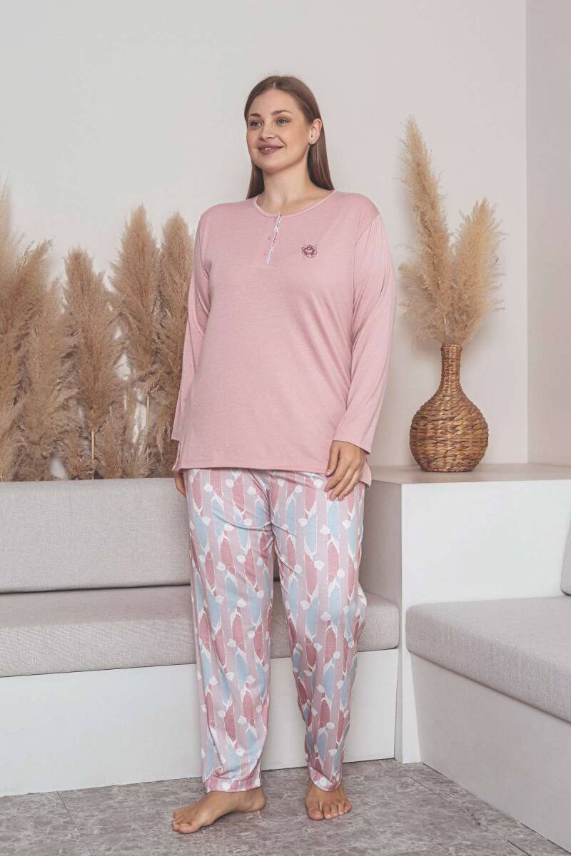 Büyük Beden Bayan Pijama Takımı - Pembe Çiçek Desen Uzun Kol Likralı Viskon 2859UYB