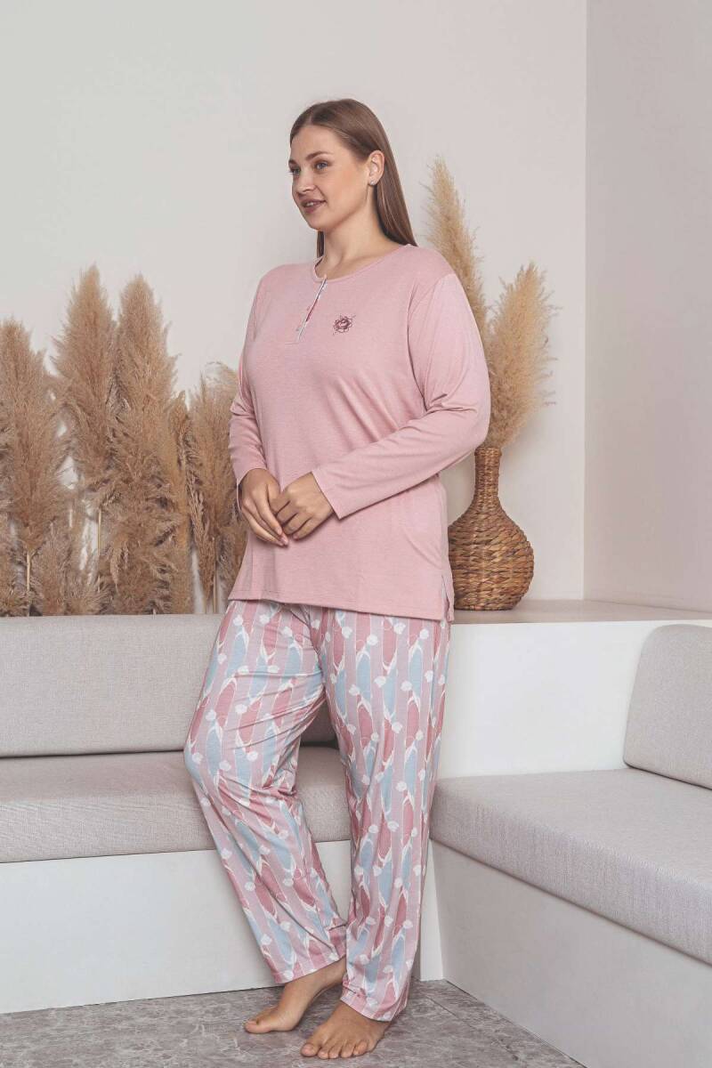 Büyük Beden Bayan Pijama Takımı - Pembe Çiçek Desen Uzun Kol Likralı Viskon 2859UYB