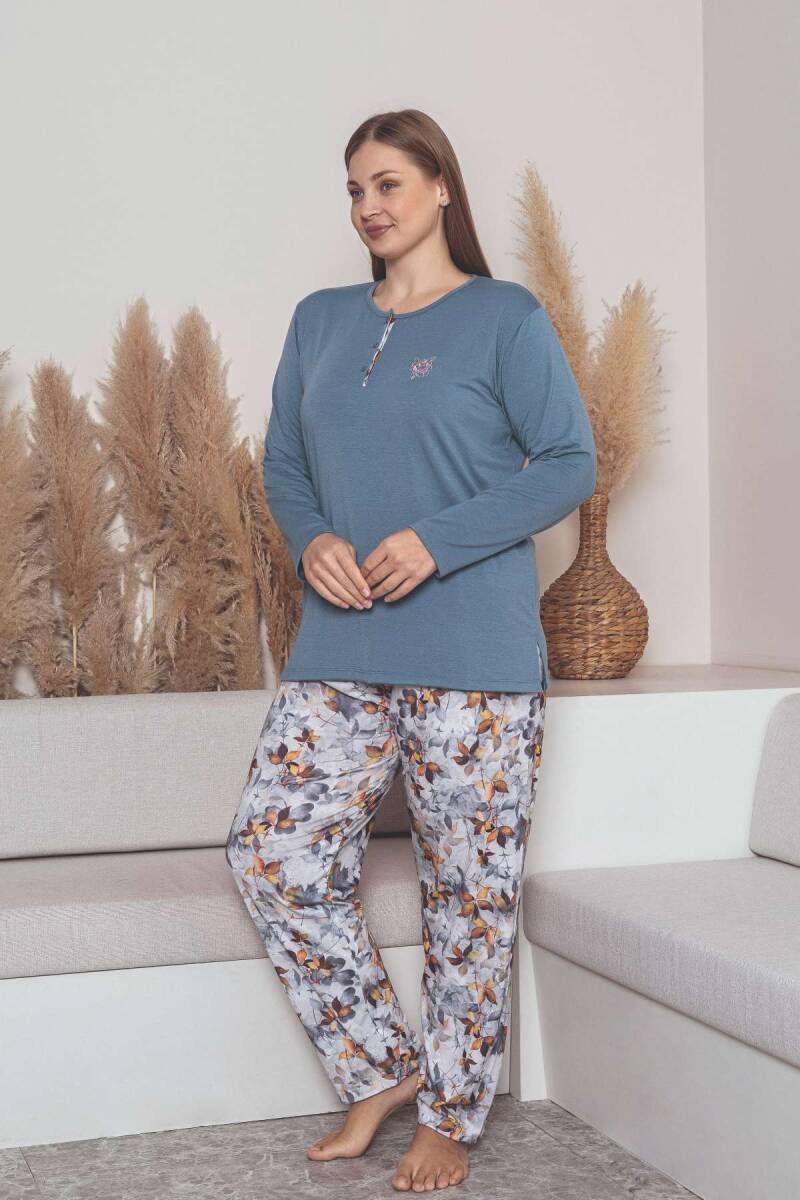 Büyük Beden Bayan Pijama Takımı - İndigo Çiçek Desen Uzun Kol Likralı Viskon 2859UYB