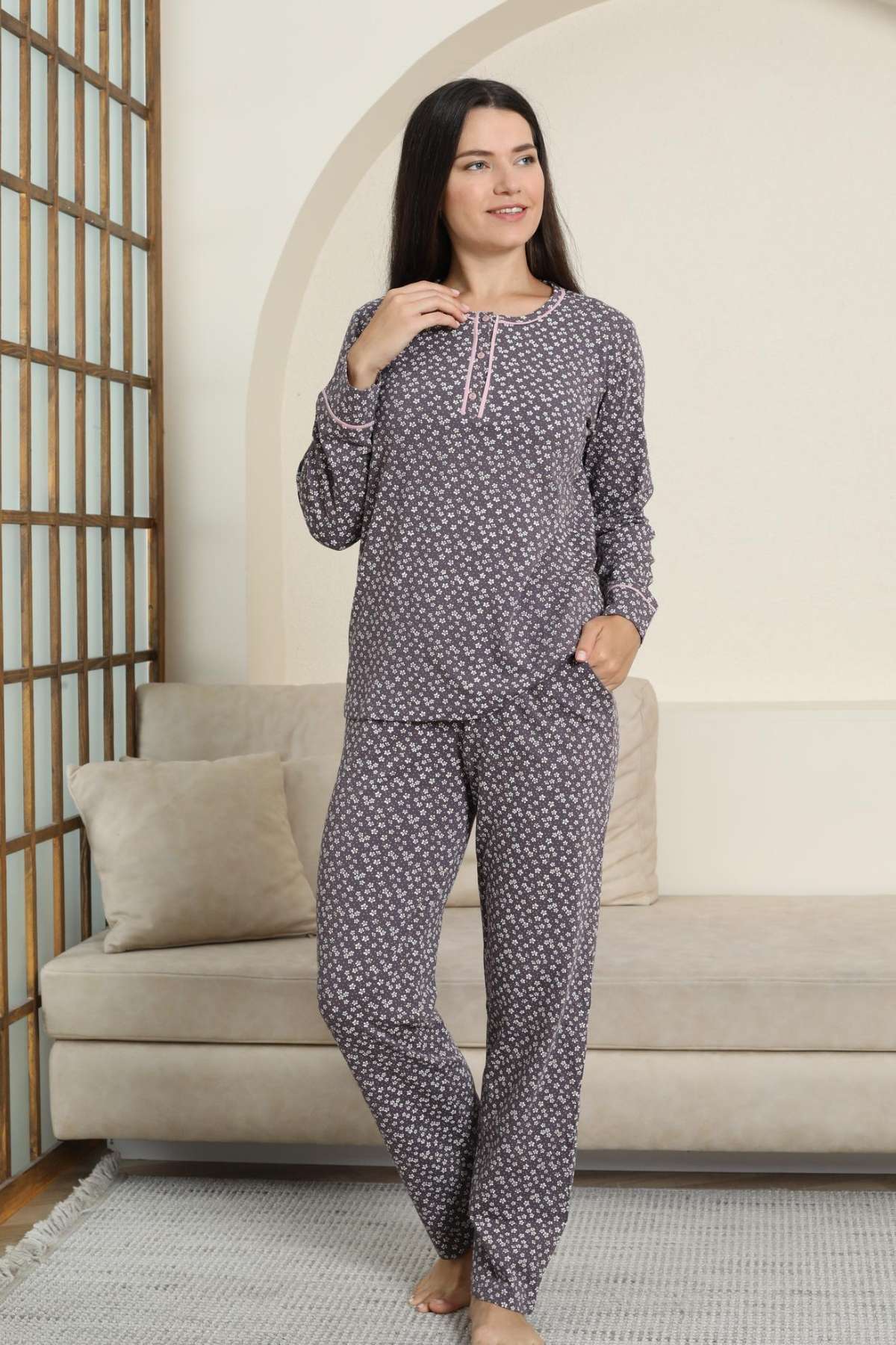 Kadın Pijama Takımı - Mürdüm Papatya Desenli Uzun Kollu Likralı Pamuk 2881UK