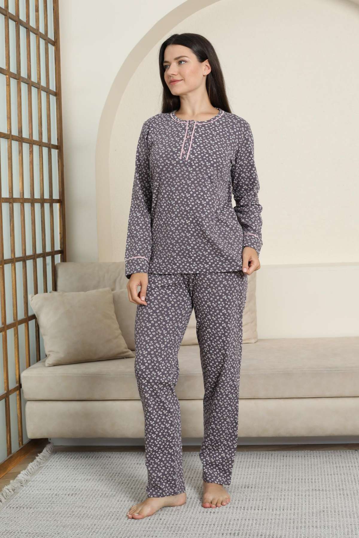 Kadın Pijama Takımı - Mürdüm Papatya Desenli Uzun Kollu Likralı Pamuk 2881UK