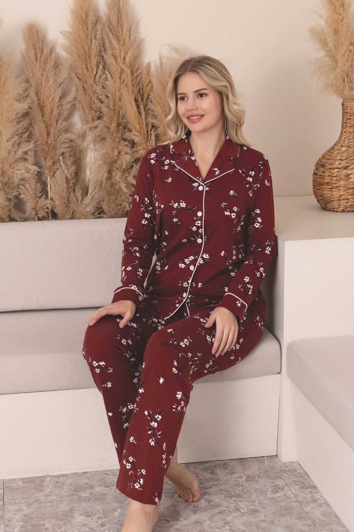 Önden Düğmeli Kadın Pijama Takımı -Çiçek Desenli Uzun Kollu Likralı Penye 2889UK