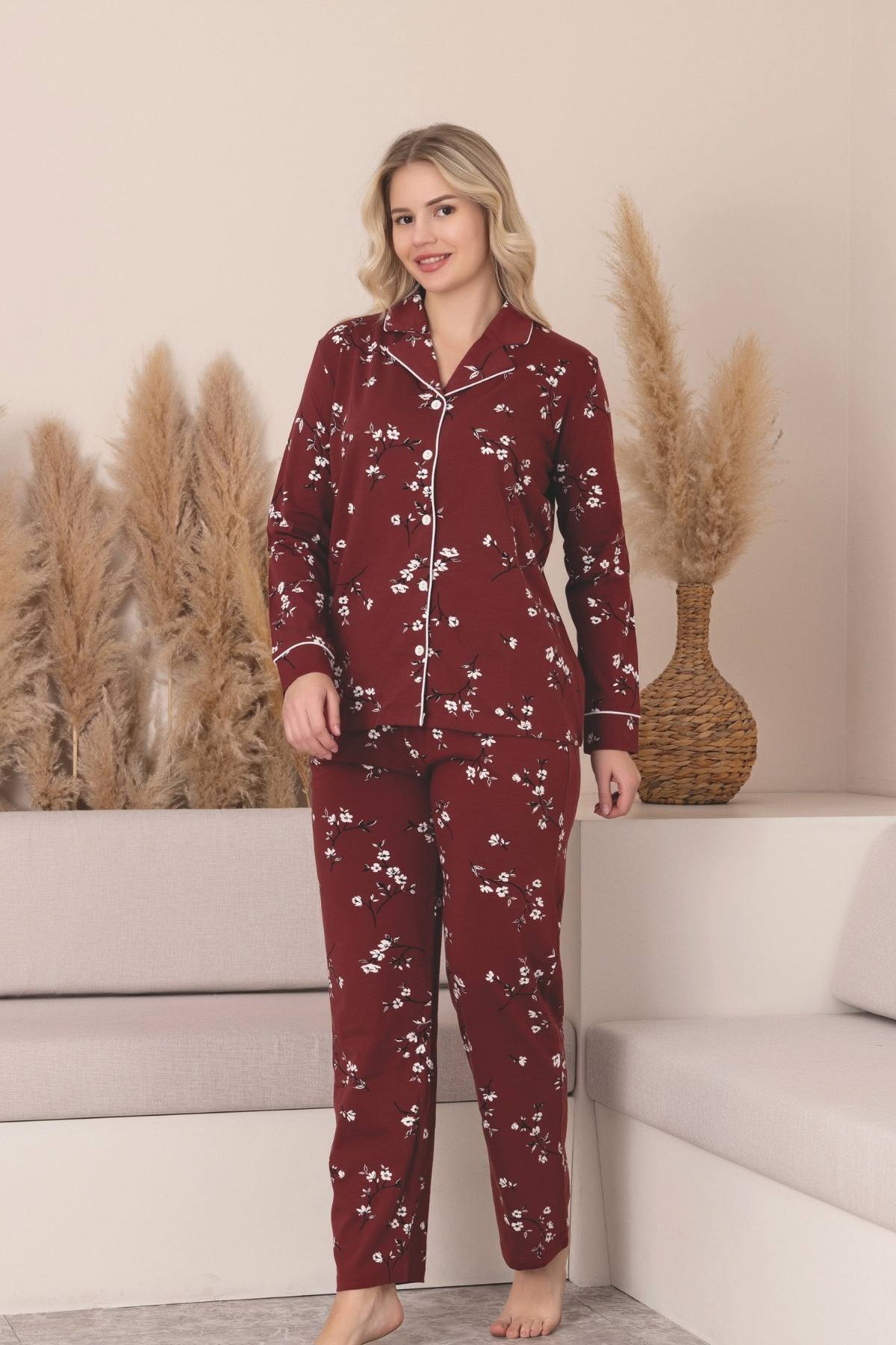 Önden Düğmeli Kadın Pijama Takımı -Çiçek Desenli Uzun Kollu Likralı Penye 2889UK