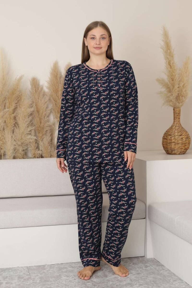 Büyük Beden Bayan Pijama Takımı - Çiçek Desen Uzun Kol Likralı Penye 2885UKB