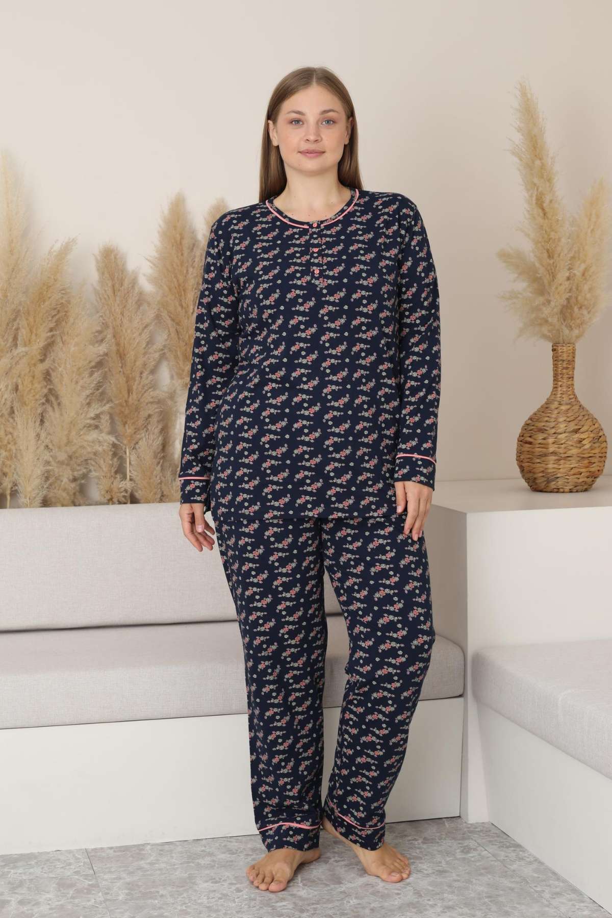 Kadın Pijama Takımı - Çiçek Desen Uzun Kol Likralı Penye 2885UK