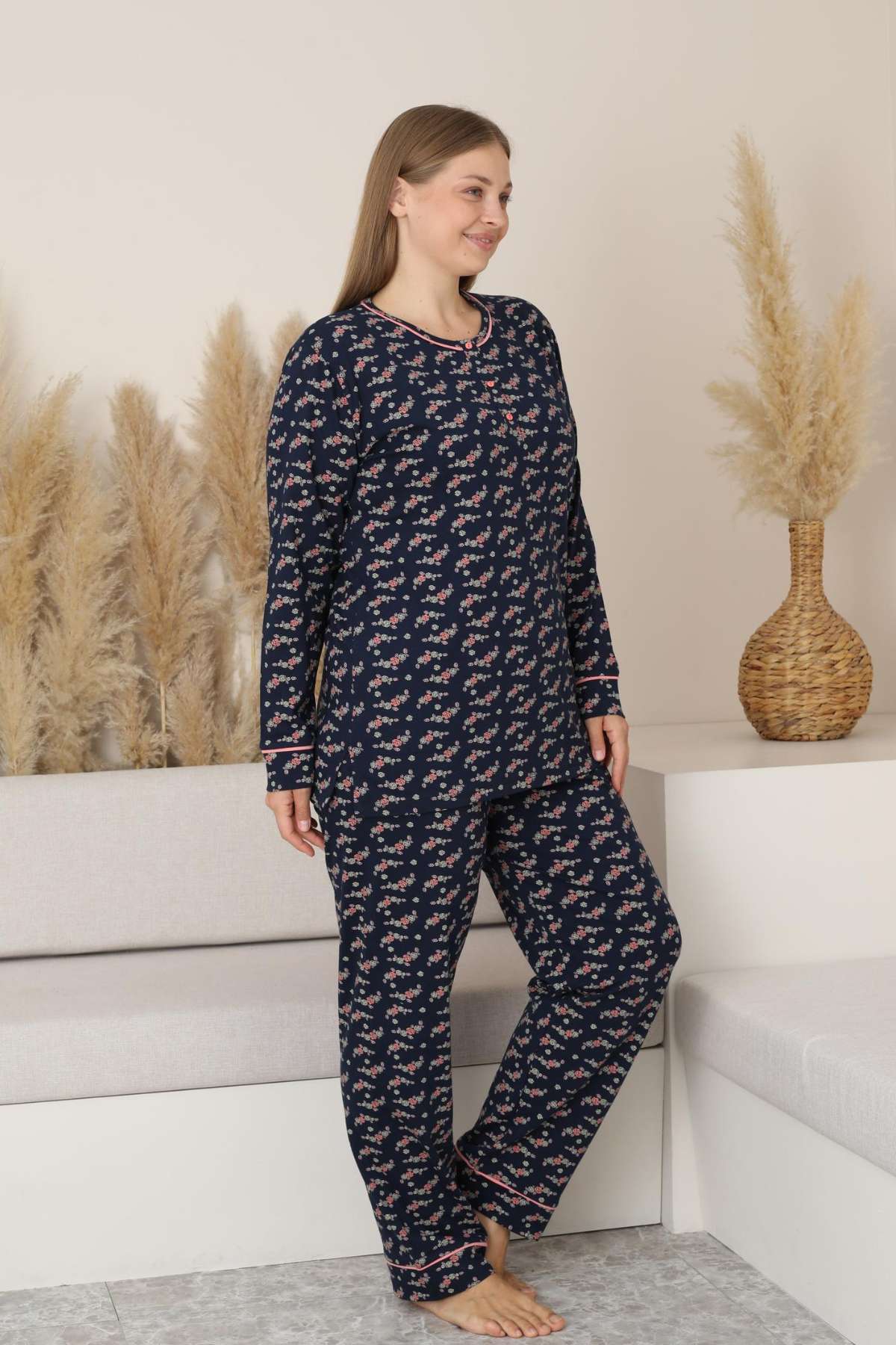 Kadın Pijama Takımı - Çiçek Desen Uzun Kol Likralı Penye 2885UK