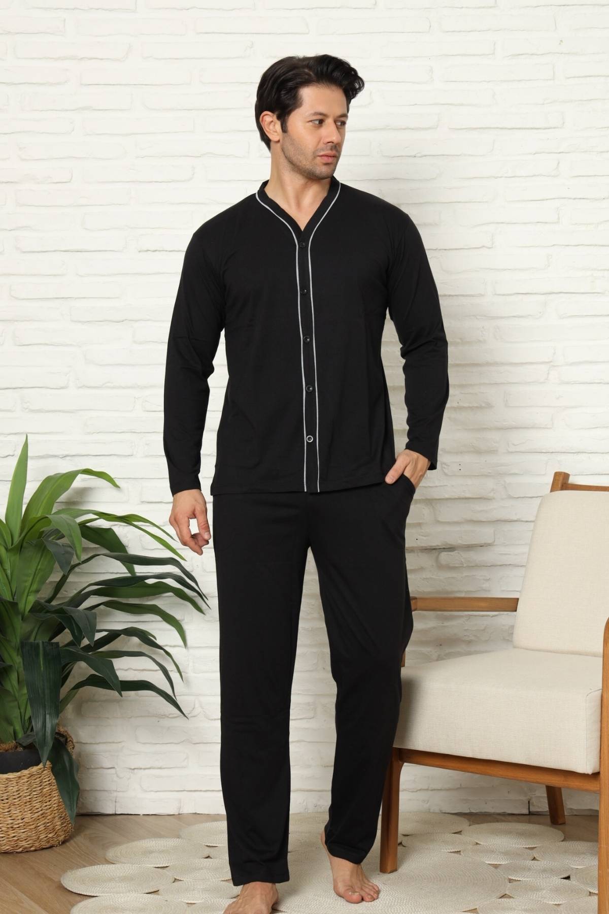 Önden Düğmeli Erkek Pijama Takımı - Lacivert Uzun Kol Likralı Pamuk 1214UY