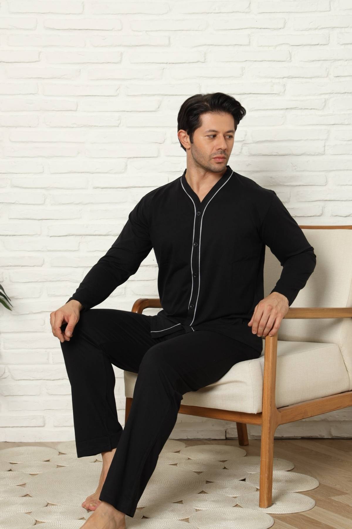 Önden Düğmeli Erkek Pijama Takımı - Lacivert Uzun Kol Likralı Pamuk 1214UY