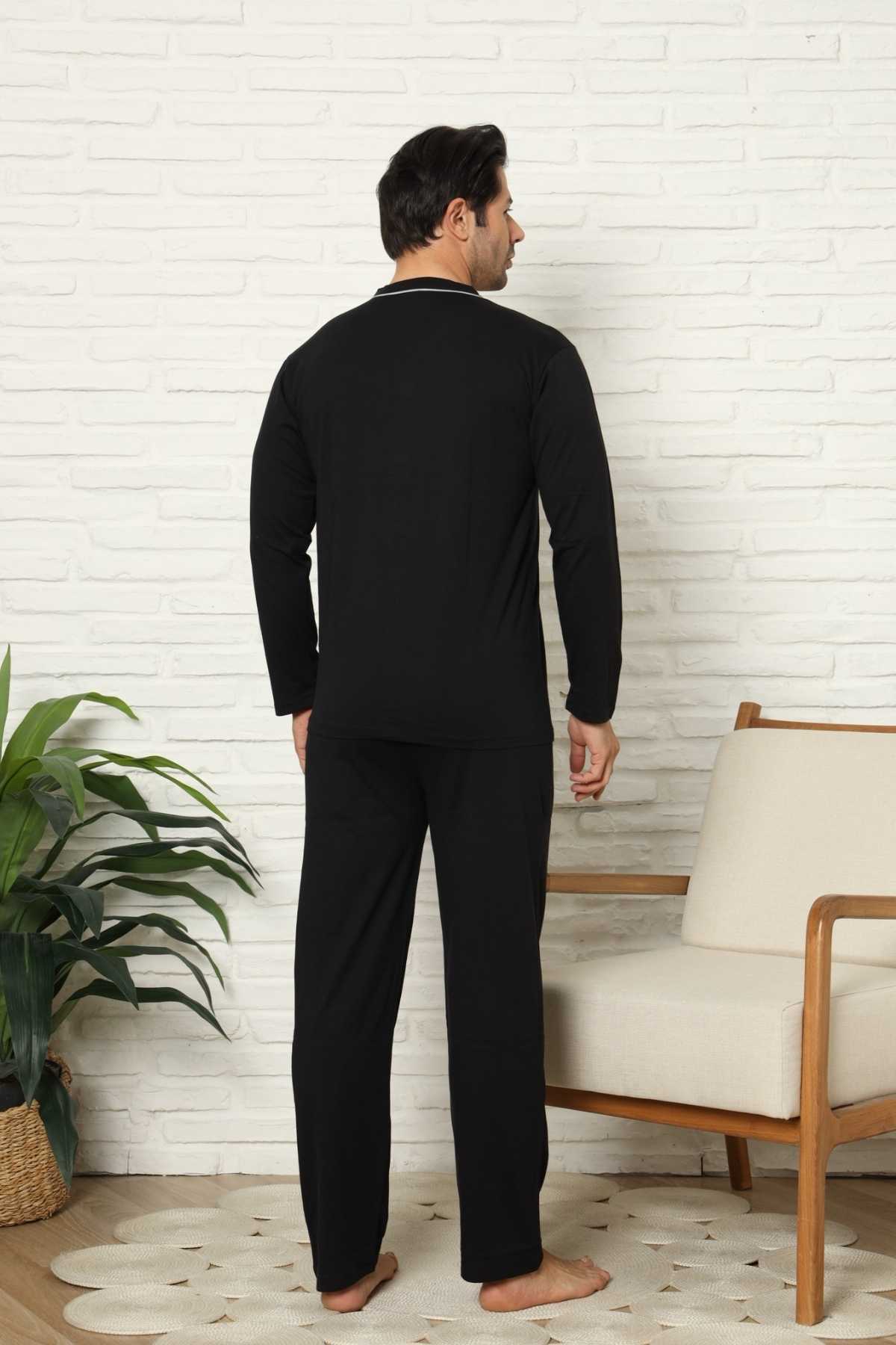 Önden Düğmeli Erkek Pijama Takımı - Lacivert Uzun Kol Likralı Pamuk 1214UY