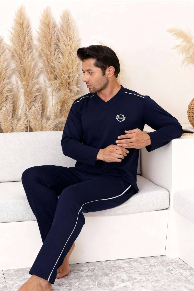 Erkek Pijama Takımı - Lacivert Arma Nakışlı V Yaka Uzun Kollu Penye 1216UK