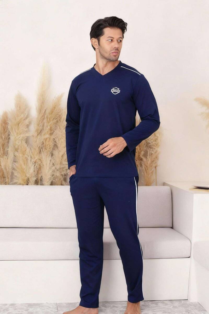Erkek Pijama Takımı - Lacivert Arma Nakışlı V Yaka Uzun Kollu Penye 1216UK