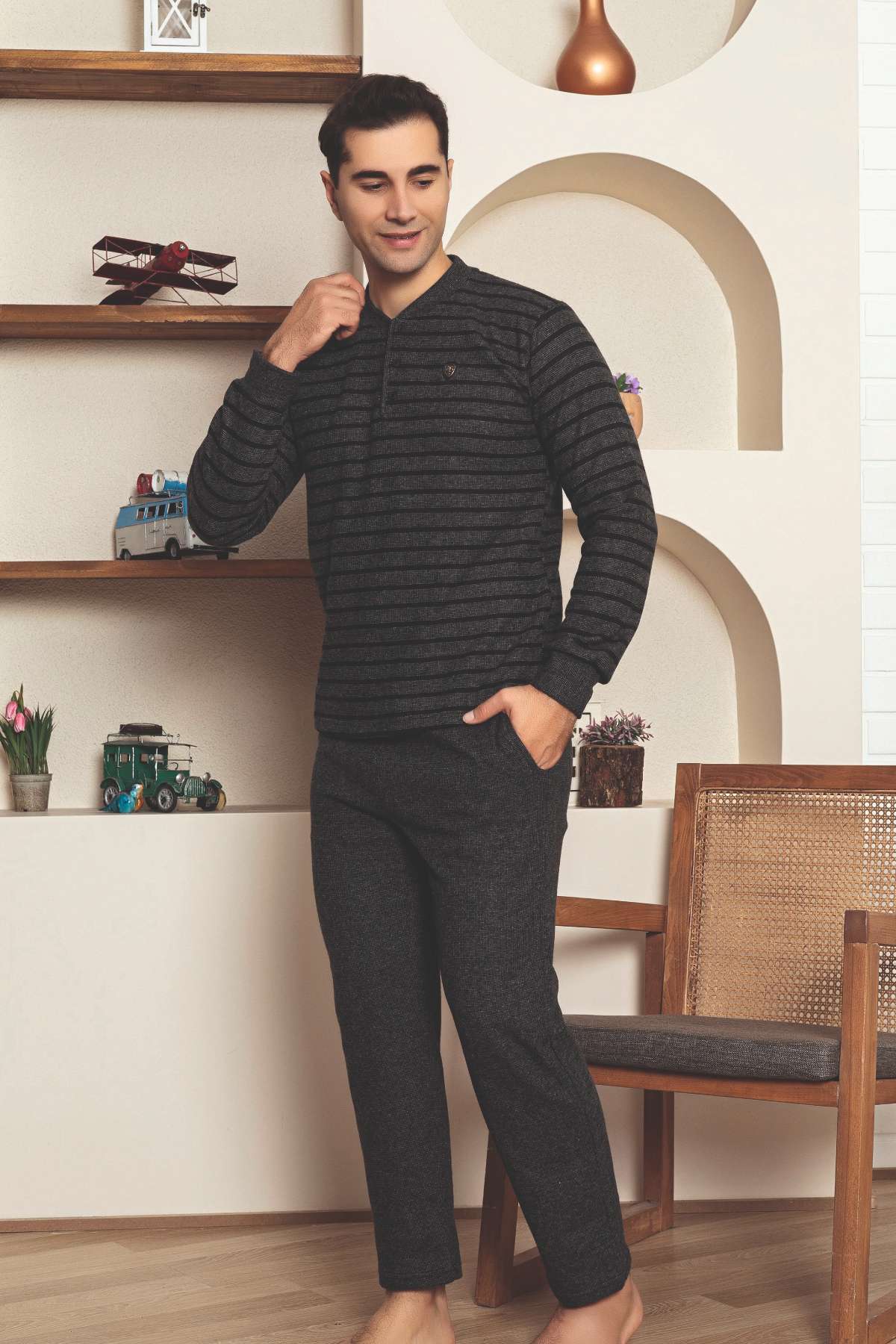 Erkek Eşofman Pijama Takımı - Füme Kışlık Şardonlu Selanik Kumaş 1220UK