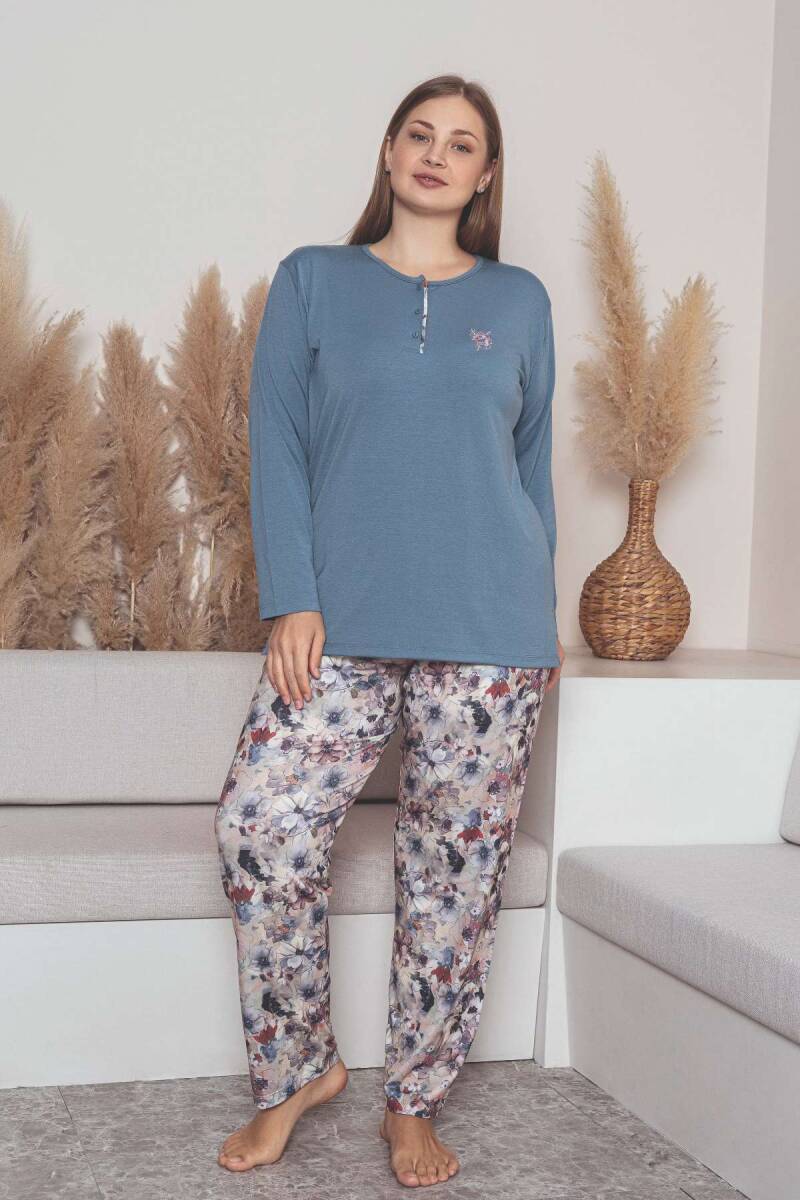 Büyük Beden Bayan Pijama Takımı - İndigo Mor Çiçek Desen Uzun Kol Likralı Viskon 2859UYB