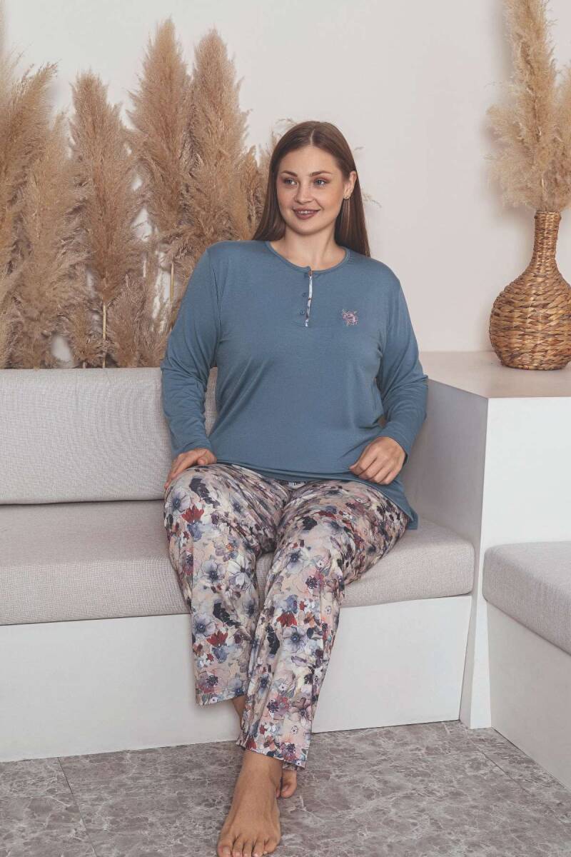 Büyük Beden Bayan Pijama Takımı - İndigo Mor Çiçek Desen Uzun Kol Likralı Viskon 2859UYB