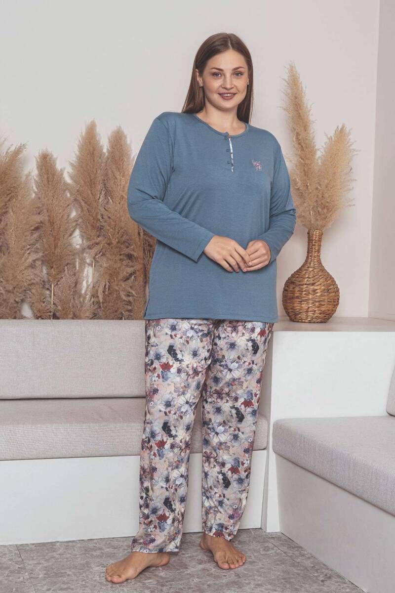 Büyük Beden Bayan Pijama Takımı - İndigo Mor Çiçek Desen Uzun Kol Likralı Viskon 2859UYB