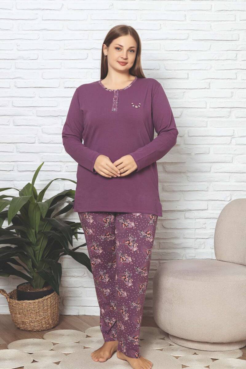 Büyük Beden Kadın Pijama Takımı - Mürdüm Çiçek Desen Uzun Kol Likralı Penye 2892UKBL