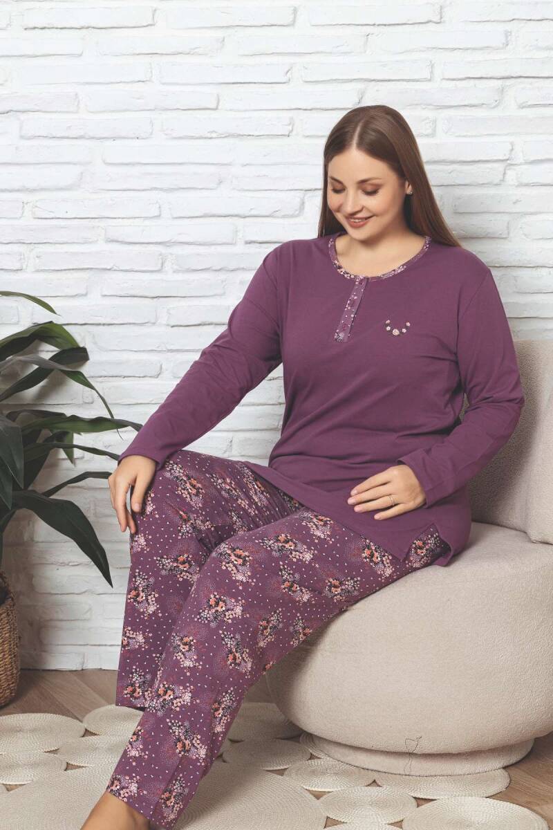 Büyük Beden Kadın Pijama Takımı - Mürdüm Çiçek Desen Uzun Kol Likralı Penye 2892UKBL