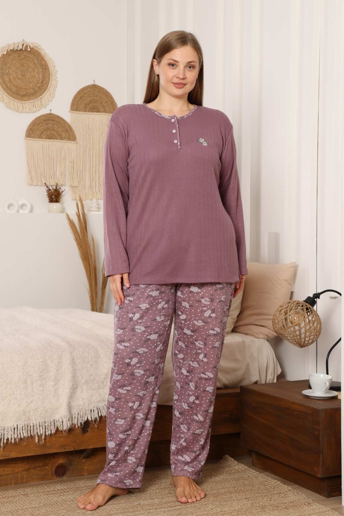 Çiçek Desenli Kadın Pijama Takımı - Mürdüm Nakışlı Kışlık Şardonlu İnterlok 2879UK