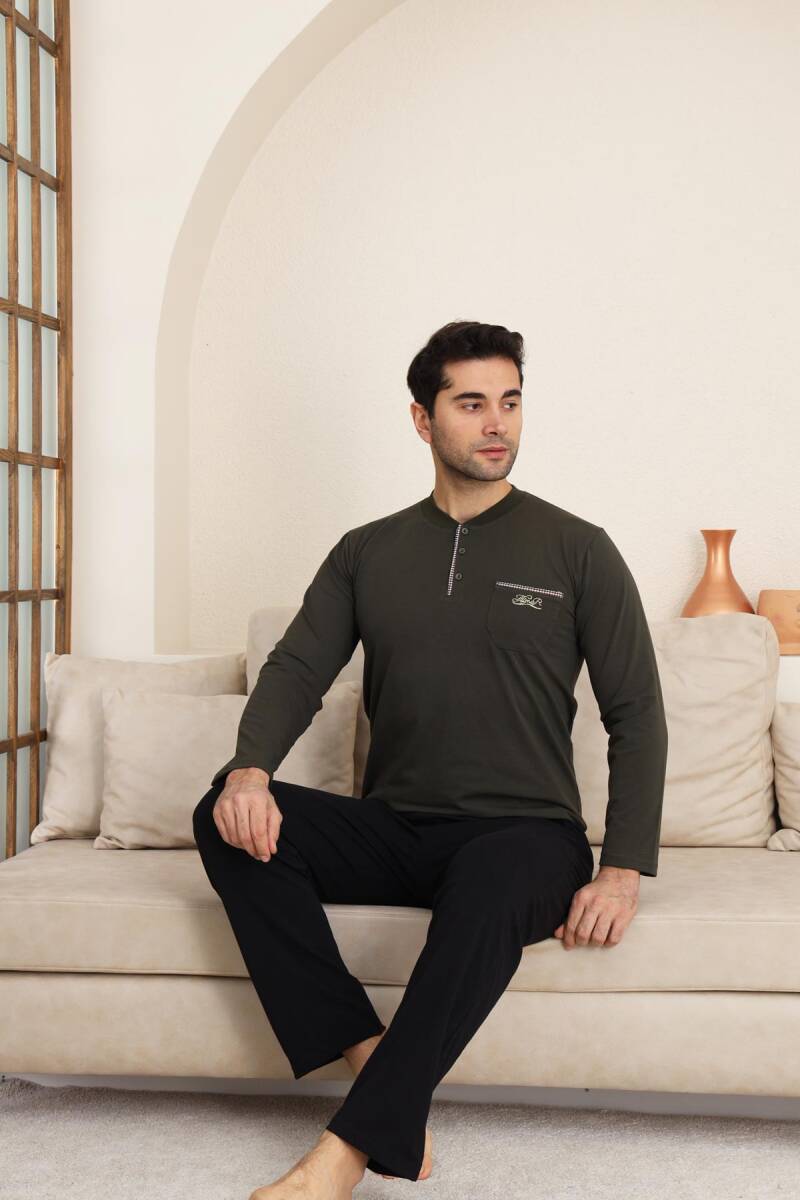 Erkek Pijama Takımı - Haki Arma Nakışlı Likralı Uzun Kollu Penye 1194UK