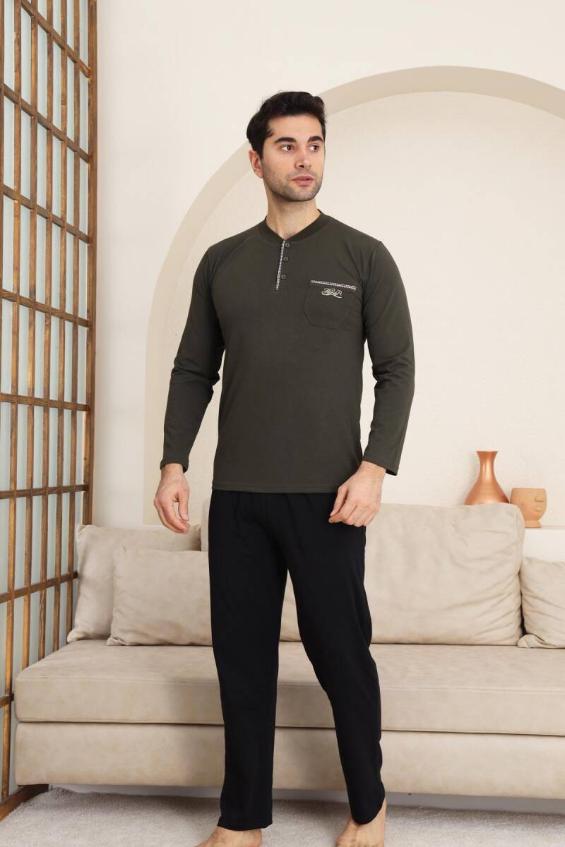 Erkek Pijama Takımı - Haki Arma Nakışlı Likralı Uzun Kollu Penye 1194UK