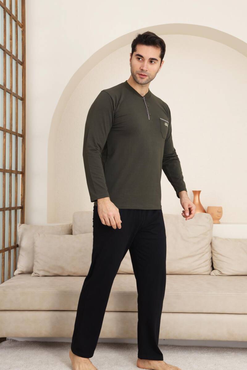 Erkek Pijama Takımı - Haki Arma Nakışlı Likralı Uzun Kollu Penye 1194UK