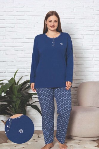 Büyük Beden Kadın Pijama Takımı - İndigo Etnik Desen Uzun Kol Likralı Penye 2890UKBL