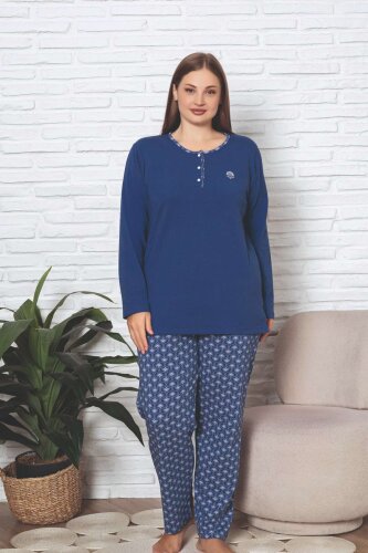 Büyük Beden Kadın Pijama Takımı - İndigo Etnik Desen Uzun Kol Likralı Penye 2890UKBL