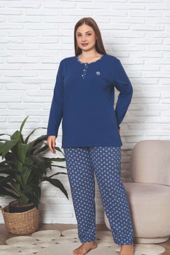 Büyük Beden Kadın Pijama Takımı - İndigo Etnik Desen Uzun Kol Likralı Penye 2890UKBL