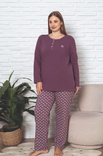Büyük Beden Kadın Pijama Takımı - Gülkurusu Etnik Desen Uzun Kol Likralı Penye 2890UKBL