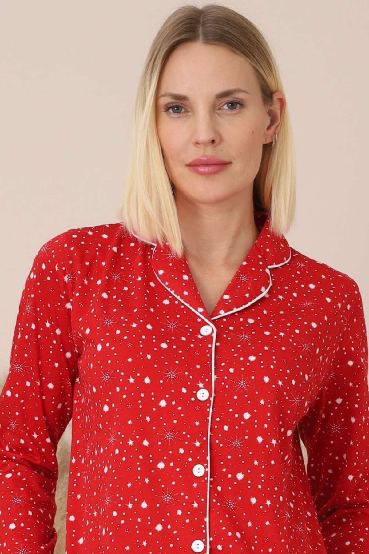 Kadın Pijama Takımı - Kırmızı Önden Düğmeli Uzun Kollu Penye 2769UY