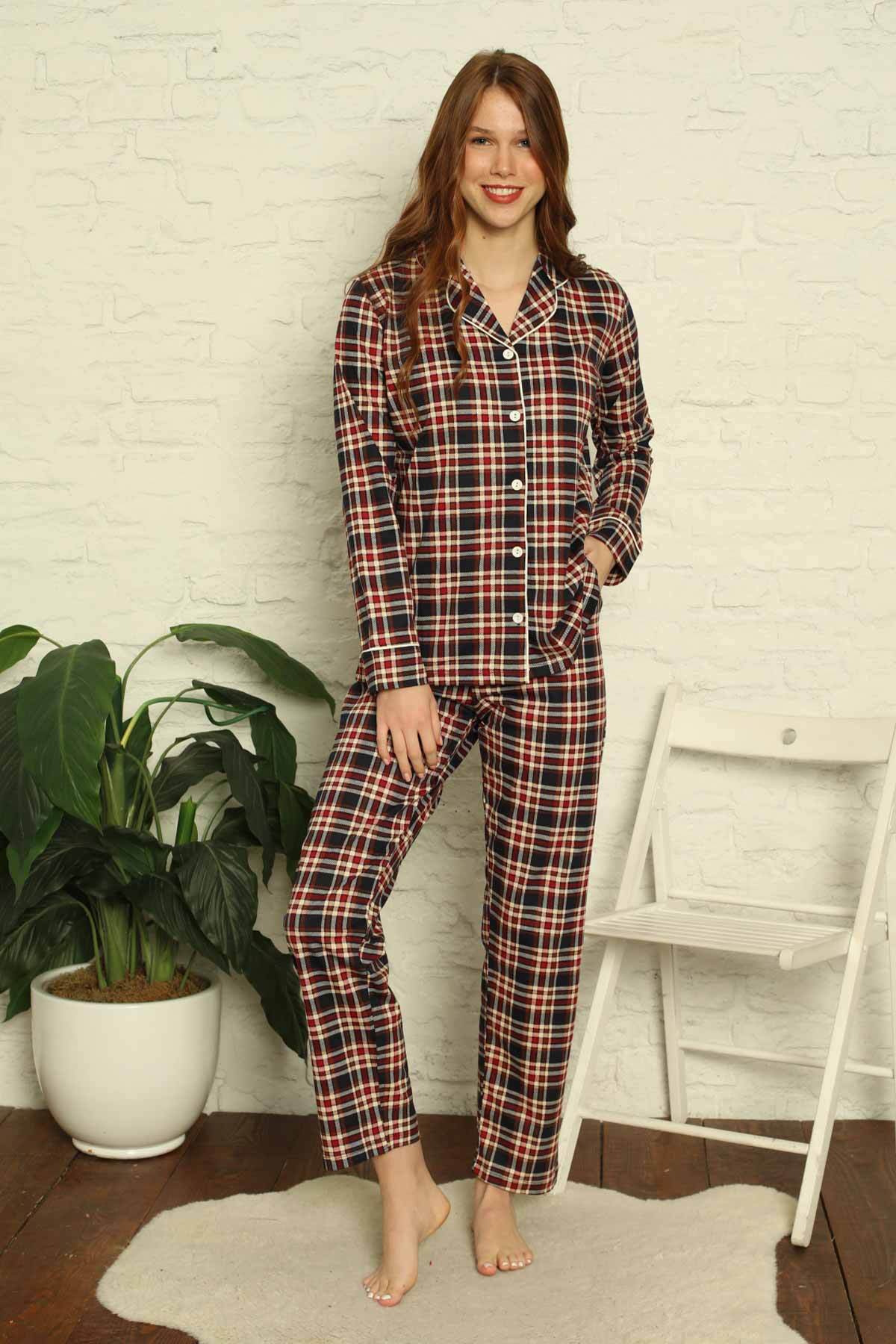 Bayan Pijama Takım - Kareli Önden Düğmeli  Penye Uzun Kollu 2699UY