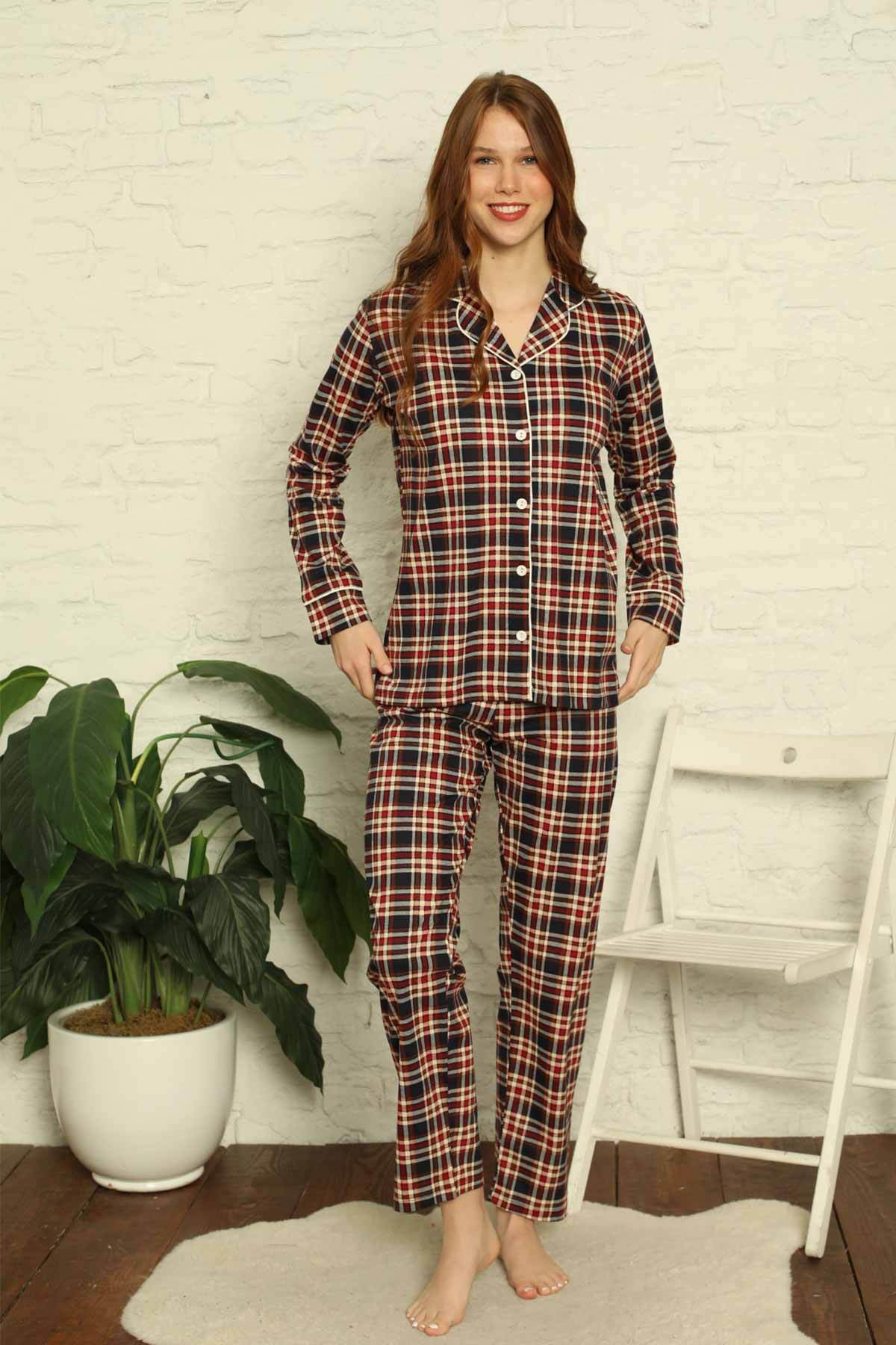 Bayan Pijama Takım - Kareli Önden Düğmeli  Penye Uzun Kollu 2699UY