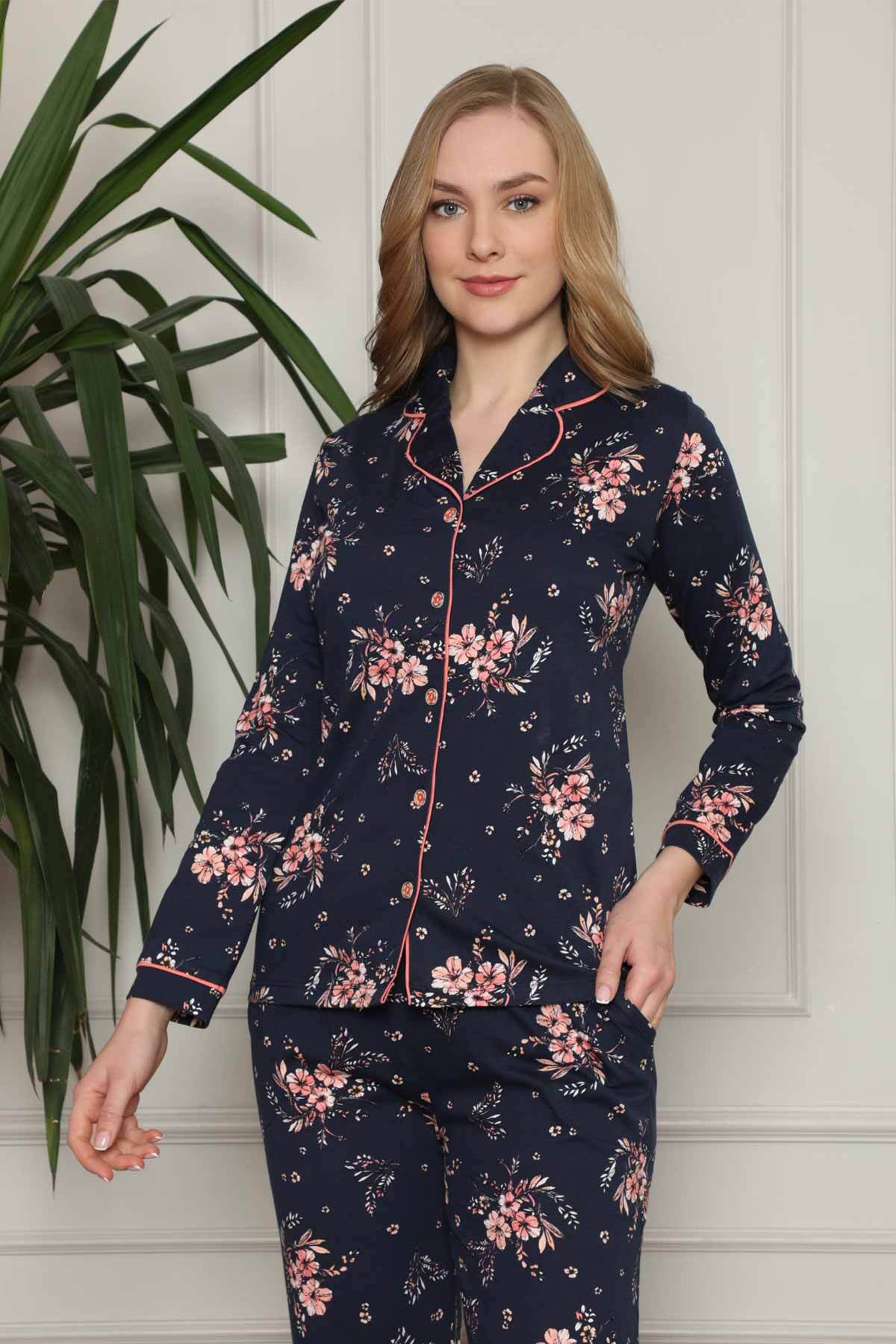 Çiçek Desenli Düğmeli Uzun Kollu Bayan Pijama Takımı 2579UY