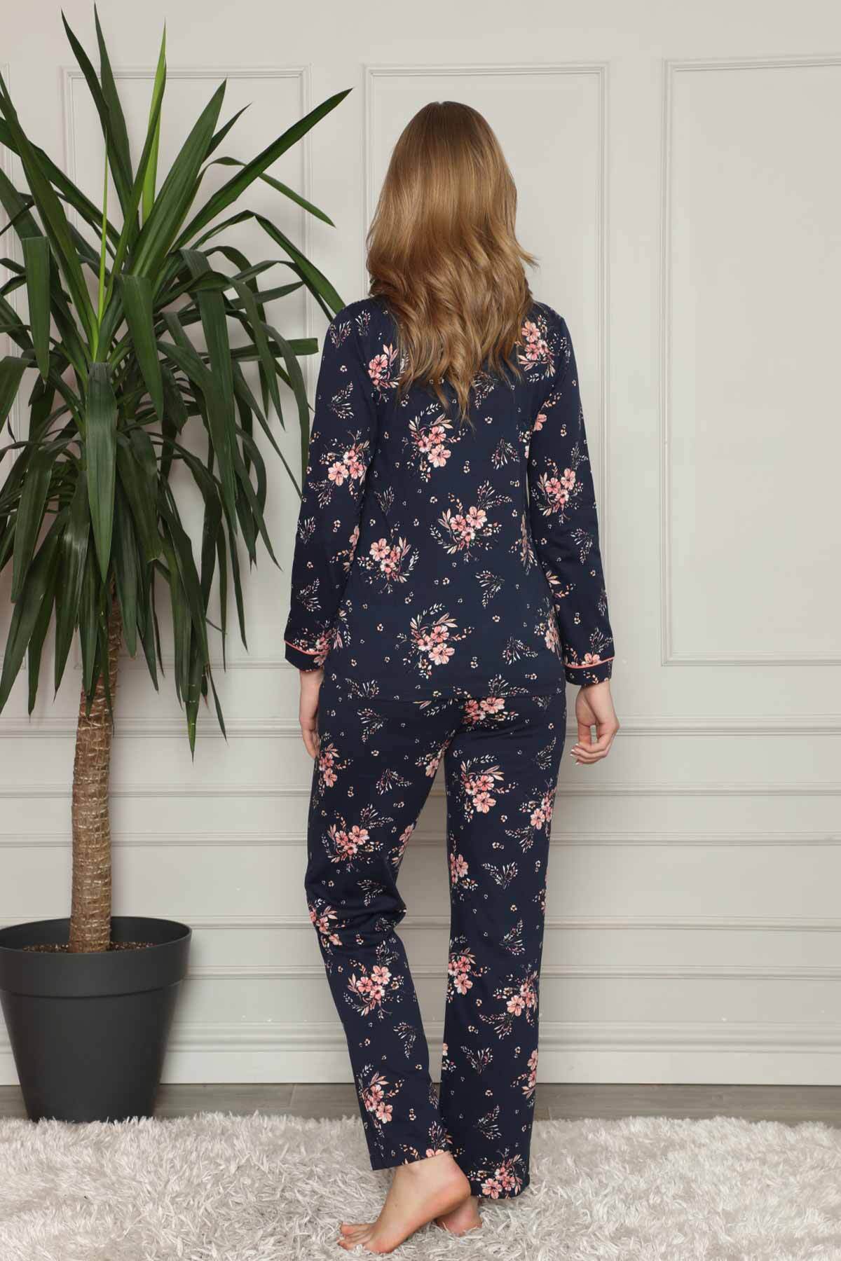 Çiçek Desenli Düğmeli Uzun Kollu Bayan Pijama Takımı 2579UY