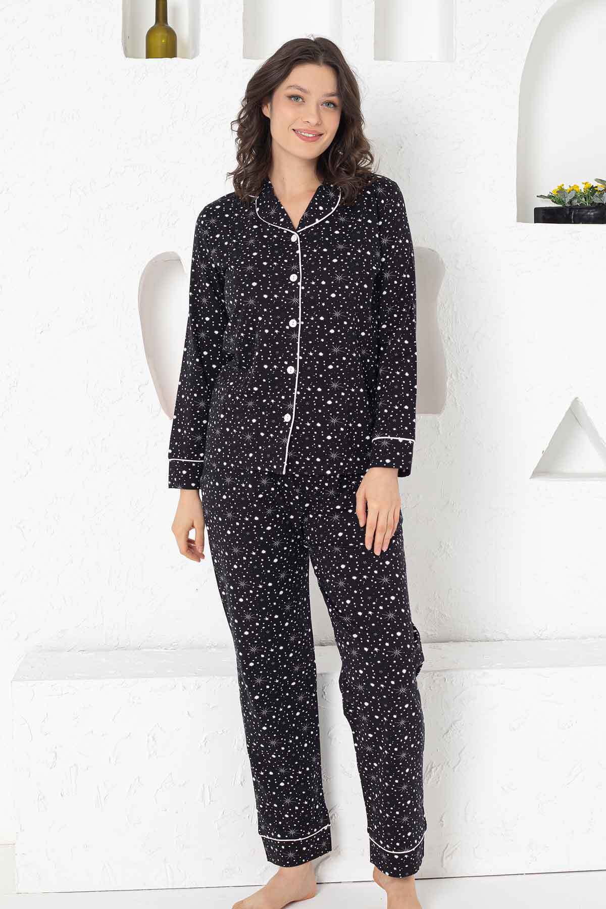 Kadın Pijama Takımı - Lacivert Önden Düğmeli Uzun Kollu Penye 2769UY