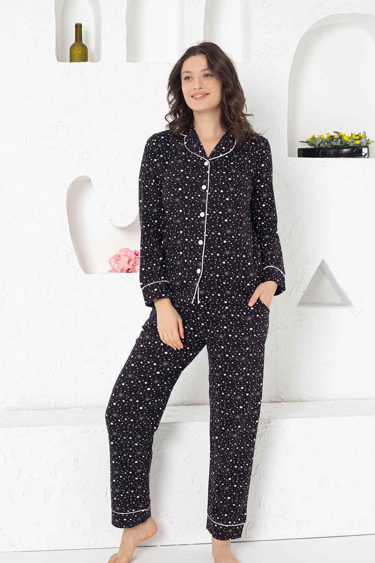 Kadın Pijama Takımı - Lacivert Önden Düğmeli Uzun Kollu Penye 2769UY