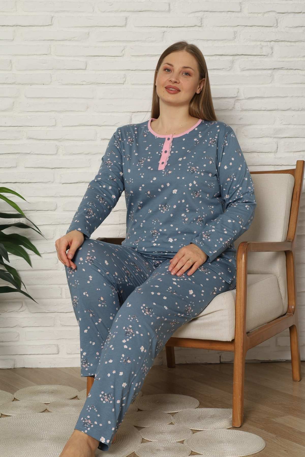 Büyük Beden Kadın Pijama Takımı - Çiçek Desenli Uzun Kollu  Penye 2808UYB