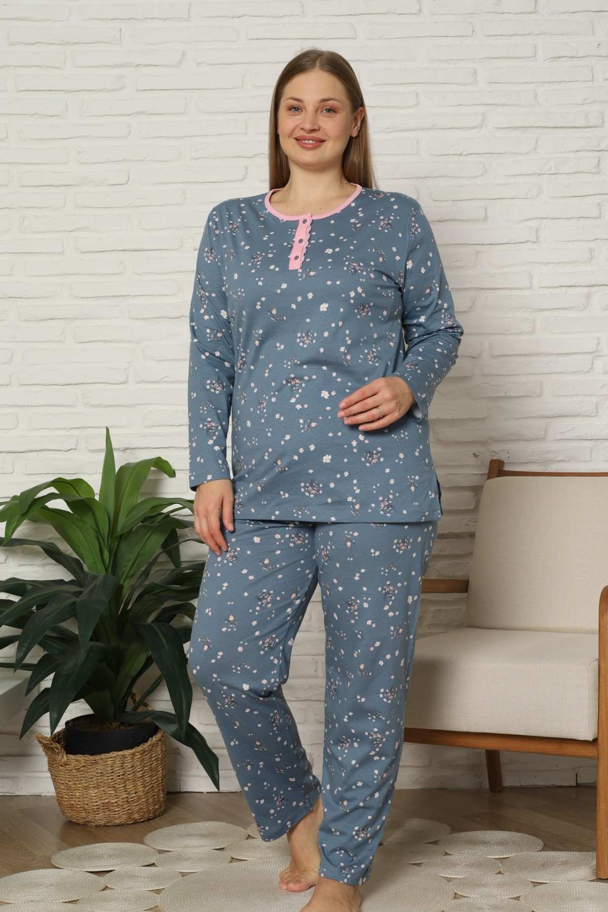 Büyük Beden Kadın Pijama Takımı - Çiçek Desenli Uzun Kollu  Penye 2808UYB