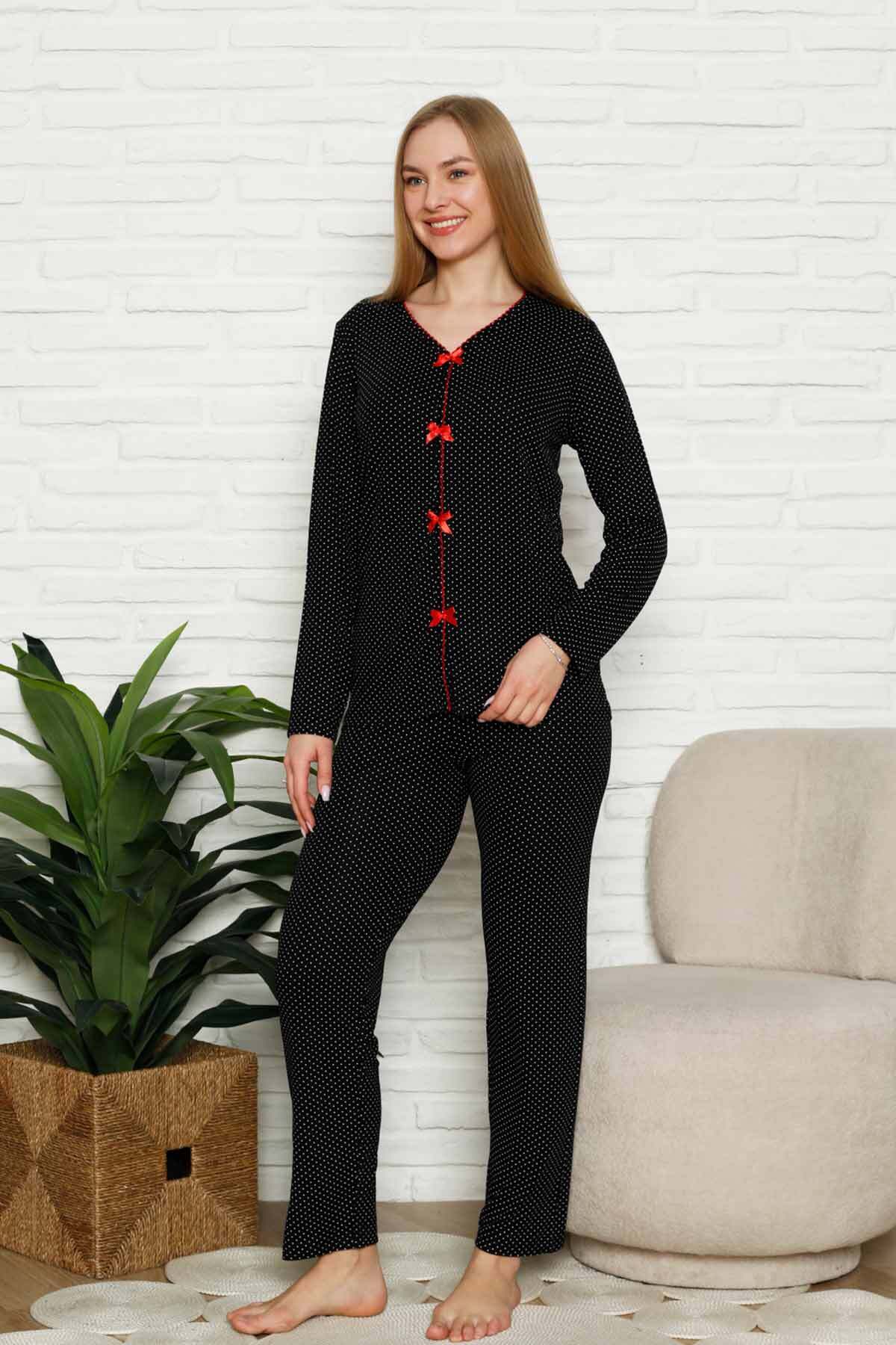 Kadın Pijama Takımı - Siyah Puantiyeli Önden Düğmeli Uzun Kollu Likralı 2828UY