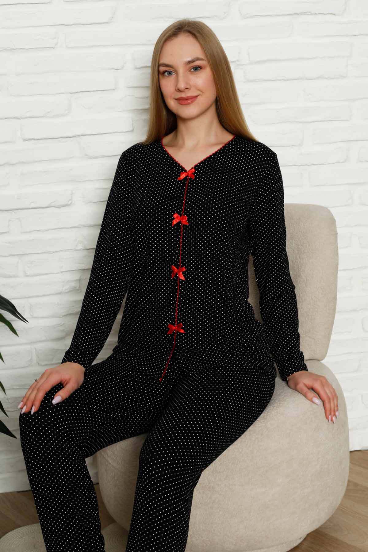 Kadın Pijama Takımı - Siyah Puantiyeli Önden Düğmeli Uzun Kollu Likralı 2828UY